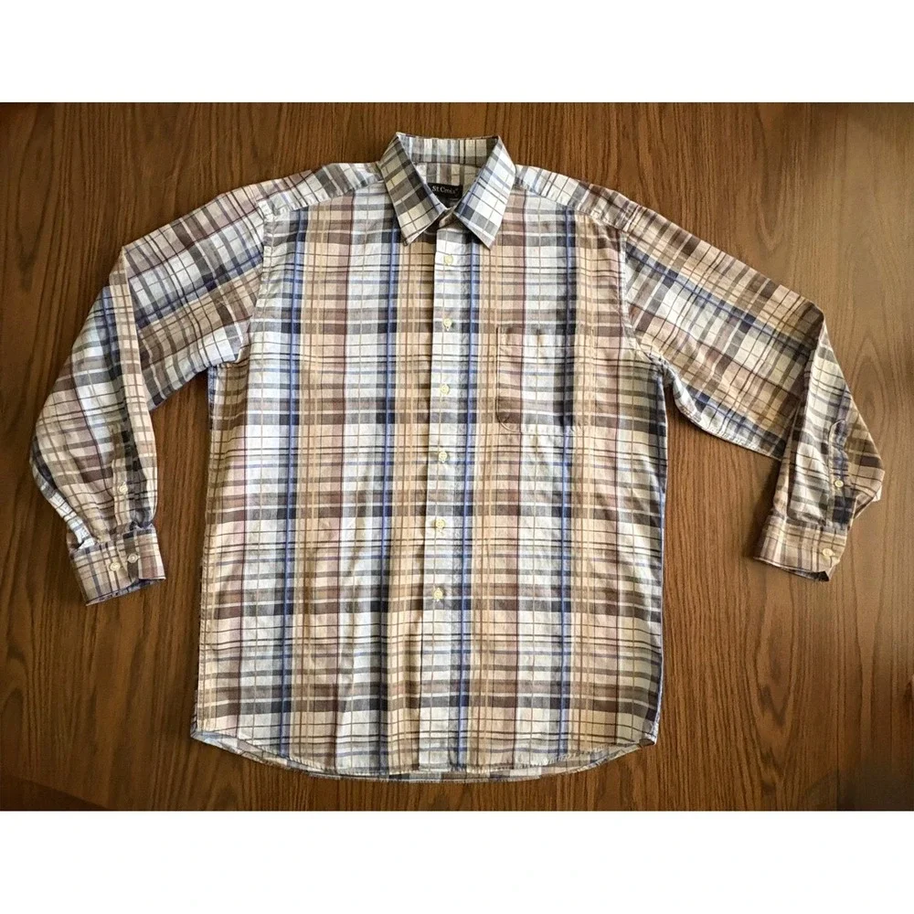 St. Croix Men‎ Button Down Shirt Large Tan Blue Plaid Cotton Italy Pocket EUC!